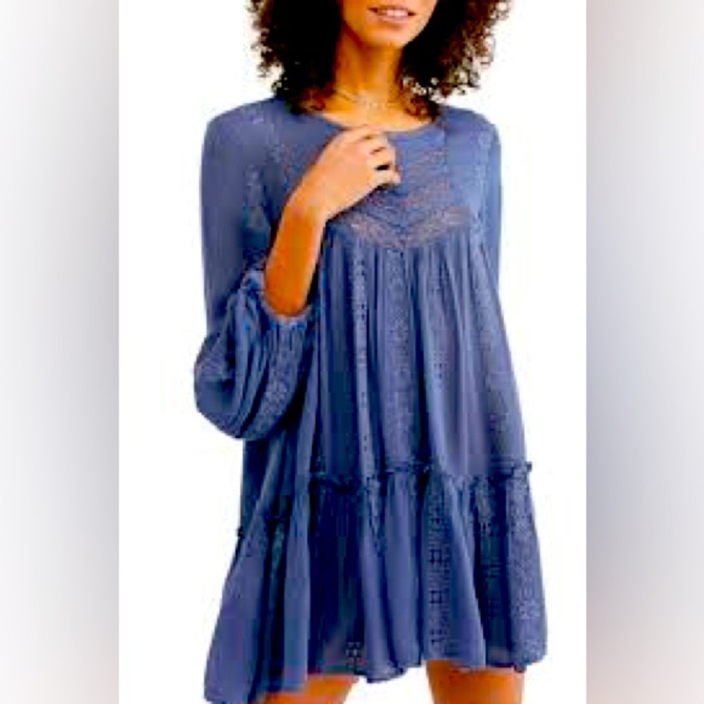 Free People KissKiss Blue Embroidered Lace Tunic Tiered Hem Dress Boho Fairy Y2K